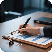Hand reviewing financial data for iXBRL filing services on a clipboard at a professional office desk.