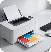 White printer outputting colorful documents for mailing and distribution on a clean office desk.