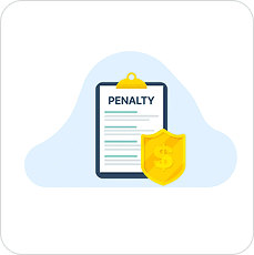 Penalty document on a clipboard with a gold dollar sign shield representing financial penalties.