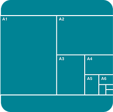 Teal infographic showing A1 to A6 paper dimensions for size-specific printing and document layout standards.