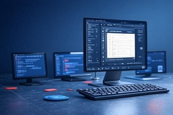 Multiple computer monitors showing the EDGAR dashboard and source code at a dark blue tech workstation with a keyboard.