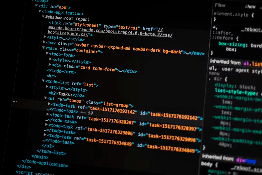 Code editor displaying HTML, CSS for a todo app, crucial for HTML and XBRL Conversion services.