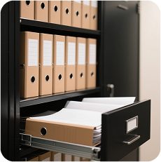 Organized brown binders in a black filing cabinet, showcasing efficient document warehousing and records management.
