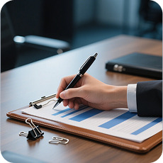 Business professional analyzing performance graphs for annual meeting services on a clipboard at a desk.