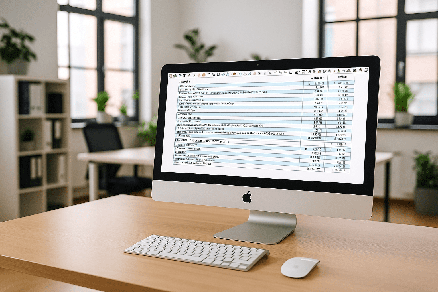 iMac on office desk showing a spreadsheet with Updated & Easy-Edit Technology.