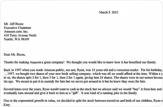 2021 letter to Jeff Bezos describing 1997 stock growth, a unique perspective on historic Amazon shareholder letters.