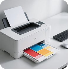 White printer showcasing print quality and quantity management with colorful outputs on a modern minimalist office desk.