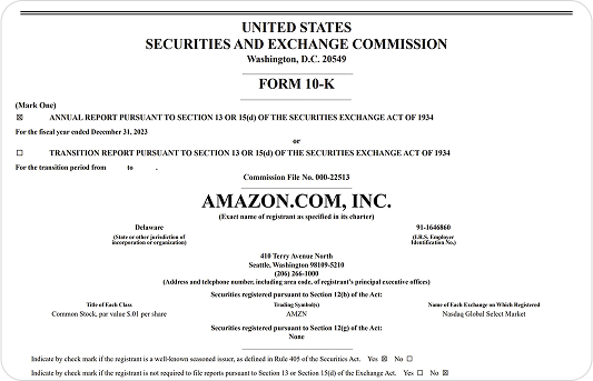 Amazon.com, Inc. SEC Form 10-K for fiscal year 2023, an example of mandatory quarterly and annual reports.