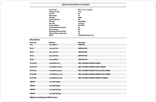 EDGAR submission summary for 10-Q filings, showcasing proofing, editing, and stakeholder collaboration outcomes.