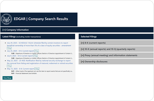 SEC EDGAR company search results page showing the latest financial reports for an official EDGAR filing submission.