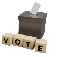 Ballot box and VOTE blocks showcasing Notice and Access hosting services for efficient corporate election voting.