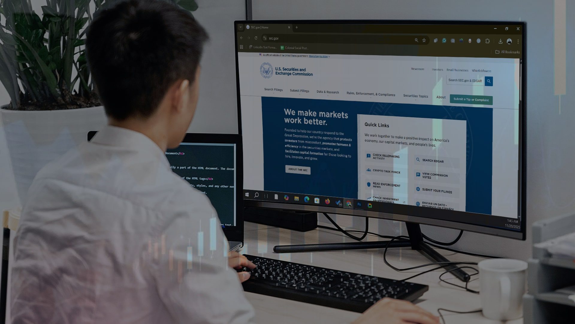 Person viewing the SEC website for EDGAR Filing while coding; financial market analysis on monitors.