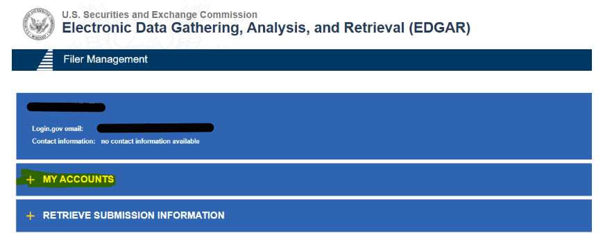 SEC EDGAR Filer Management webpage featuring the my accounts section highlighted in green.
