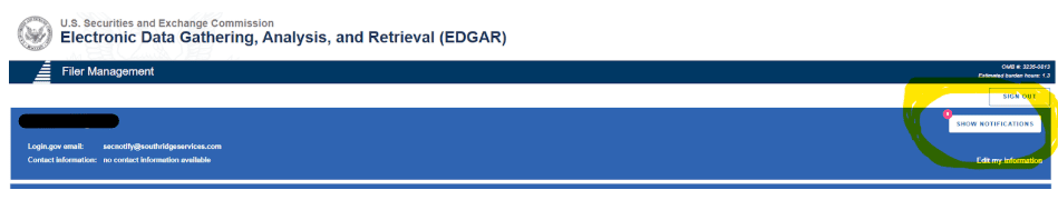 SEC EDGAR Filer Management dashboard with the Show Notifications button highlighted for user account alerts.