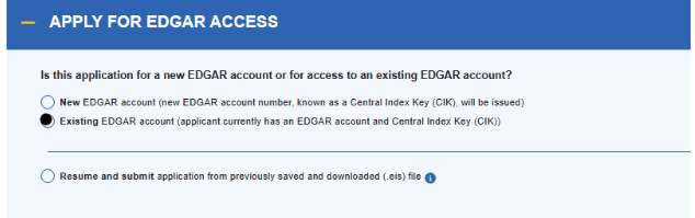 Apply for EDGAR access form showing options to select a new or existing edgar account.