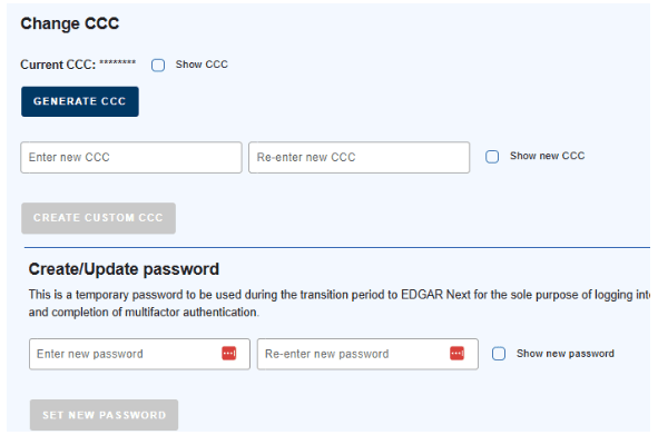SEC EDGAR Next form with options to Generate CCC and set a temporary password for multifactor authentication.