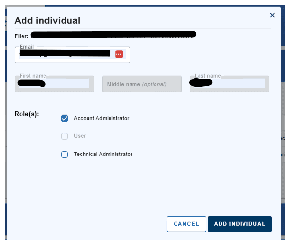 Add individual form with Account Administrator role selected, including name and email input fields.