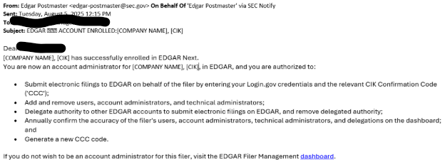 Sample of the email notification for a pending SEC EDGAR account administrator invitation with Login.gov instructions.