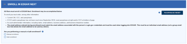 EDGAR Next Enrollment Portal interface showing manual and bulk registration options and filer account requirements