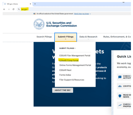 SEC.gov website showing the Submit Filings dropdown menu with the edgar filing portal link highlighted in yellow.
