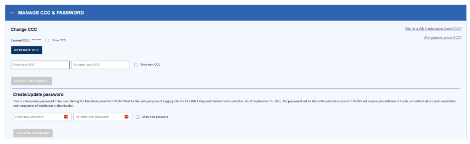 Manage CCC & Password page to change the CIK Confirmation Code and update temporary account passwords for EDGAR Next.