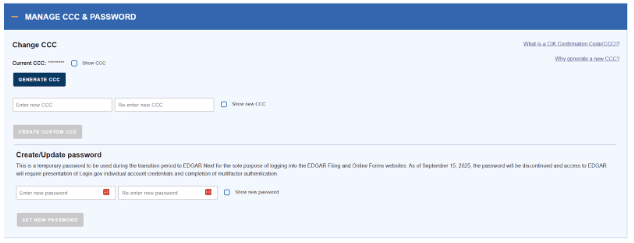 EDGAR dashboard for managing credentials with options to generate or set a New CCC and Password for secure online filing.
