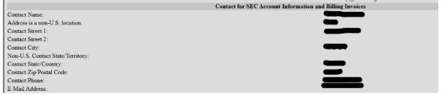 Form to update SEC account information and billing invoices with contact name, address, phone, and email fields.