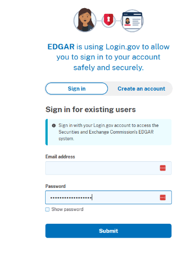 SEC EDGAR secure portal to sign in using Login.gov with email and password fields for existing account users.