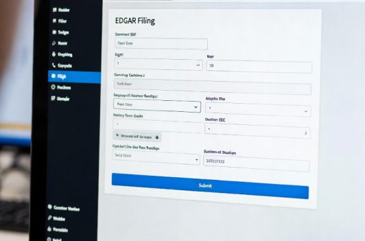Online form for direct submission to the EDGAR system, showing data entry fields and a blue submit button on a screen.
