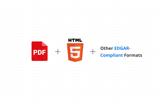 Multi-Format Export options featuring PDF, HTML5, and other SEC EDGAR-compliant file types.
