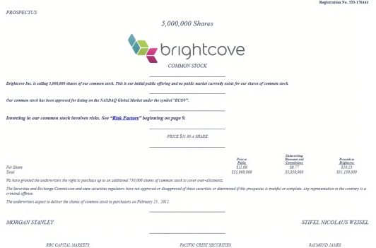 Brightcove common stock IPO page listing 5,000,000 shares at $11.00, representative of corporate Prospectuses.