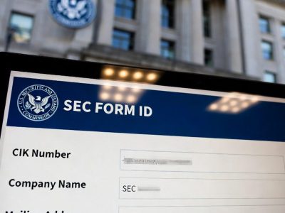 Screen showing an SEC Form ID application, CIK Number and Company Name fields, with the U.S. Securities and Exchange Commission building backdrop