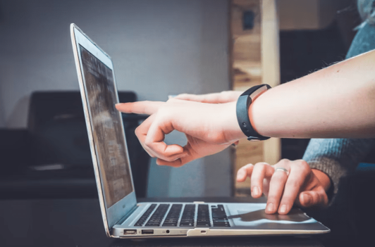 Professional pointing to XBRL tags on a laptop screen during digital financial reporting and data analysis.