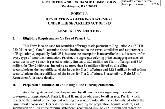 US SEC Form 1-A Regulation A Offering Statement, general instructions for offerings