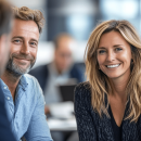Smiling professionals in an office collaborating to print and mail proxy notices for shareholder meetings.