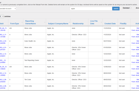 Dashboard for EDGAR filing services displaying SEC form records for Apple, Inc. and reporting owners.