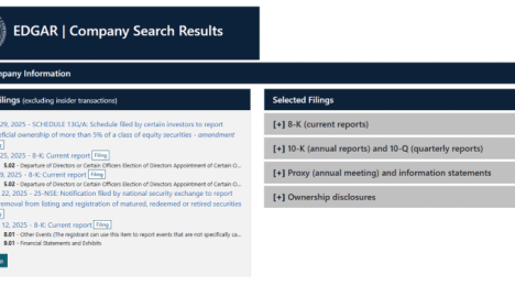 EDGAR filings search results page listing company 8-K reports, 10-K annual reports, and ownership disclosures.