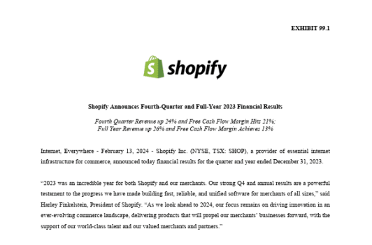 Shopify 2023 financial results press release distribution document highlighting Q4 revenue growth and margins.